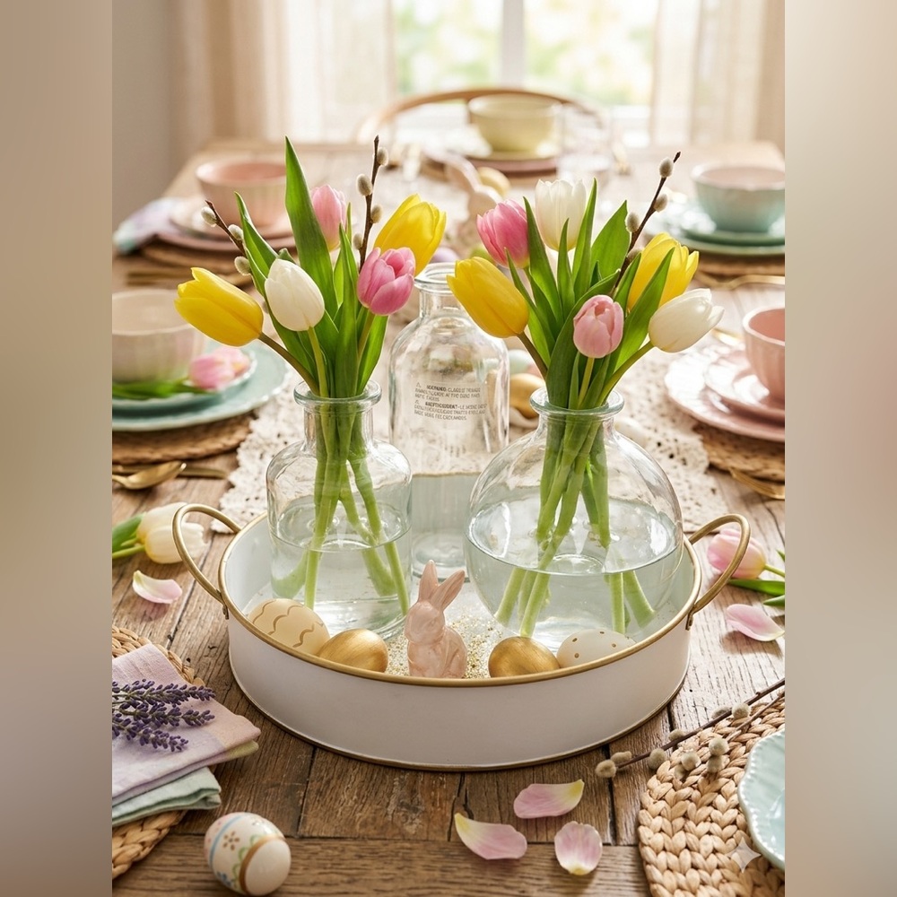 NIB Designer WEDDING / EVENT Centerpiece – Gold Rimmed Tray & Lily Trio 10”